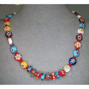 Multicolor Millefiori Glass Bead Necklace 16" With 2" Extension Chain